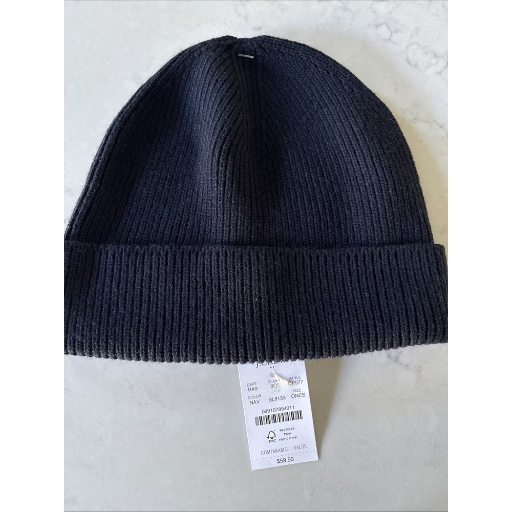 Mens J Crew Ribbed Beanie Hat Winter Cap Navy Blue CP577 Viscose Wool Blend $59
